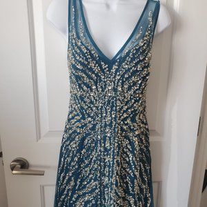 Stunning Turquoise Beaded Adrianna Papell Sheath Dress, Size 8